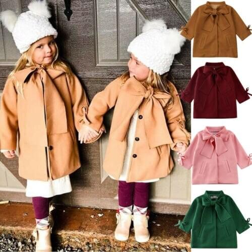 Elegant Kids Baby Girls Warm Wool Bowknot Trench Coats Autumn Winter Long Sleeve Bow Tie Overcoats Children Girl Trench 2-8Y