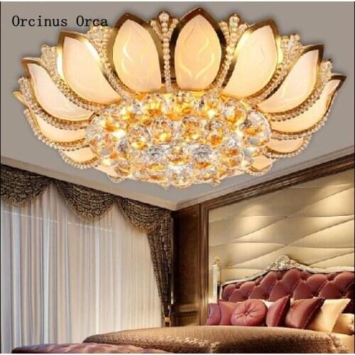European golden lotus crystal ceiling living room dining room bedroom Chinese luxury LED crystal ceiling lamp