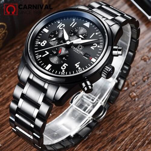Carnival Waterproof Watch Pilot Style Men black Stainless steel Automatic Mechanical Date Watches Clock relogio masculine 40MM