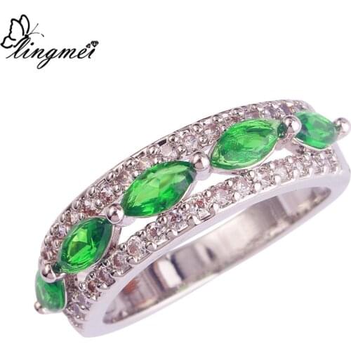 Lingmei Big Promotion Fashion Women Jewelry Marquise Cut Green & White CZ Silver ColorRing Size 6-9 10 11 Wholesale
