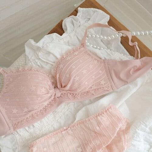 Stars lace bowknot underwear underpant beauty back no steel ring upper thin lower thickness adjustable small breast bra briefs
