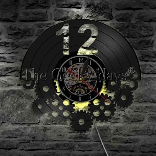 Steampunk Gears And Large Number Vinyl Record Wall Clock LED Night Light Cycling Cogwheels Atmosphere Lamp