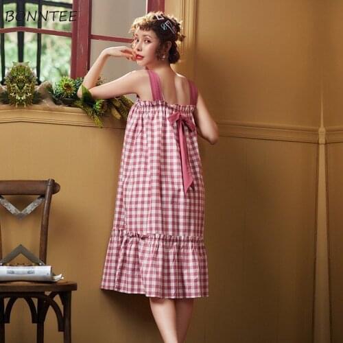 Nightgowns Women Sweet Sleeveless Loose Leisure Plaid Elegant Ruffles Homewear Comfortable Korean Style Female New Summer Chic