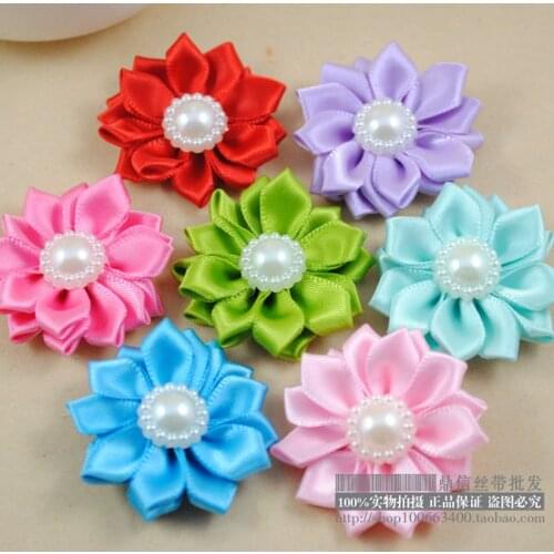 New 10 Pieces/Bag Size 4cm Ribbon Rose Flower With Pearl Silk Flower Handmade DIY Wedding Bouquet Flower Hair Cloth Accessories