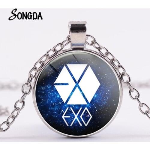 Harajuku EXO Starry Sky Pattern Necklace Popular KPOP EXO Logo Print Glass Cabochon Pendant Trendy Jewelry Fans Souvenir