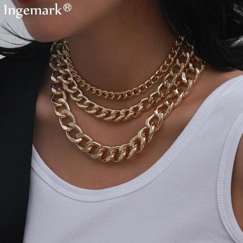 Punk Cuban Aluminum Chunky Chain Necklace Multilayer Exaggerated Hip Hop Big Thick Link Choker Necklace Women Men Crazy Jewelry