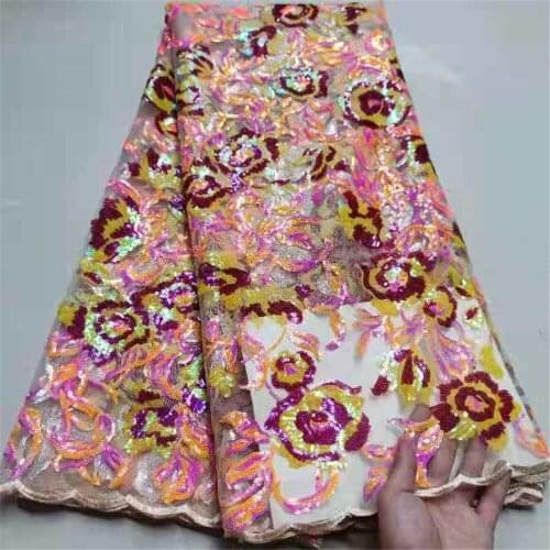 Peach African Tulle Lace Fabric Embroidery Nigerian French Lace Fabric 2021 High Quality Lace With Sequins Wedding