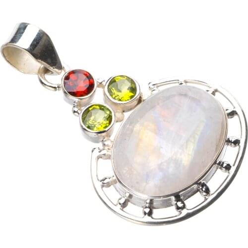 StarGems Natural Rainbow Moonstone Handmade 925 Sterling Silver Pendant 1.75" D9469