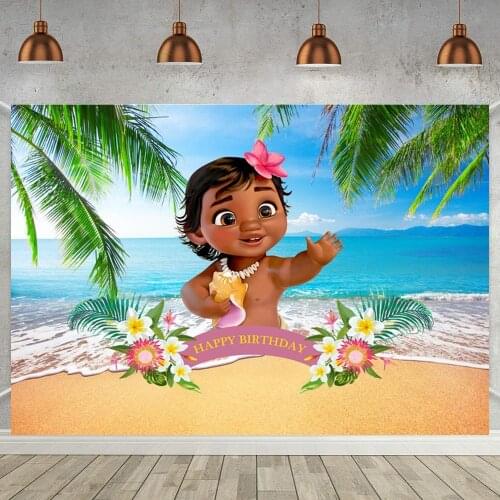 Tropical Leaves Summer Beach Photo Background Happy Kids 1st 2nd 3rd Birthday Cartoon Girl Princess Backdrop Blue Sea