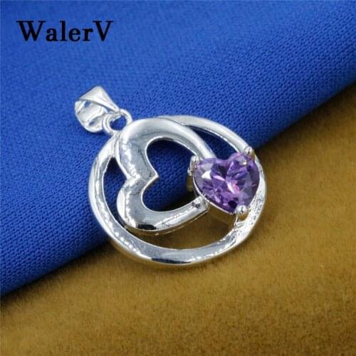 WALERV Heart Shape Pendant Stamp Fashion Jewelry Accessories Purple Crystal Stone Love Pendant for Women Wedding Gift