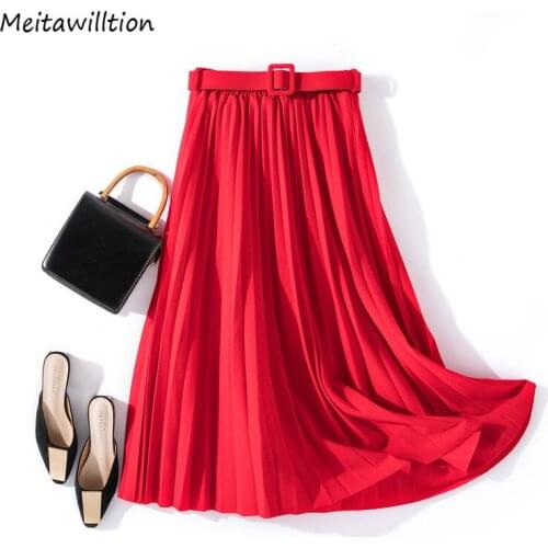 2021 Summer Autumn Brand Black Pleated Skirts Ladies Elastic High Waist Midi Skirts Female All-match Belt Skirt