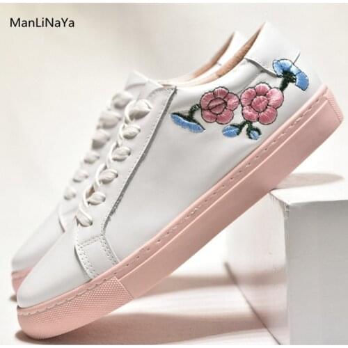 Genuine Leather Embroider Female Trainers Pink Sole Plum Blossom Woman Skate Shoes Floral Casual Sport Shoes Lace up Women Shoes