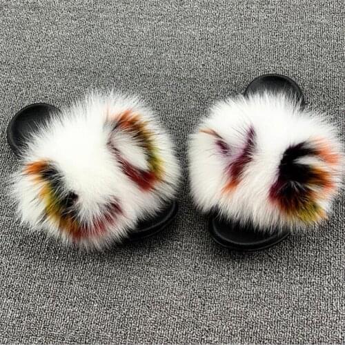 Women Colorful Fox Fur Slippers Ladies Fluffy Slides Female Cute Sandals Girls Fashion Home Flip Flops Luxury Plush Party Shoes
