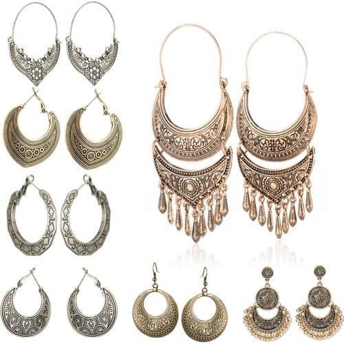 Ethnic engraved pattern totem earring jewelry Boho metal leaf leave pendant long tassel geometric drop dangle earrings for women