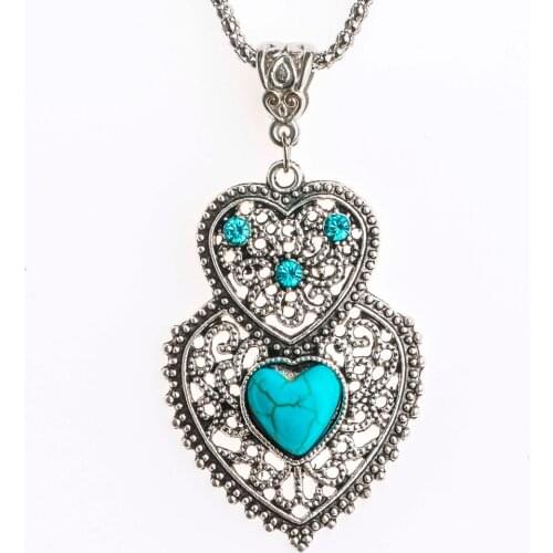 SHUANGR High Quality Double Heart Pendant with Rope Chain Blue Crystal Natural Stone Bohemian Love Necklace Jewelry for Women