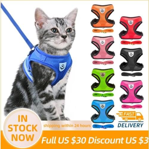 Cat Dog Adjustable Harness Vest Walking Lead Leash Puppy Dogs Collar Soft Breathable Polyester Mesh Harness For Small Medium Pet