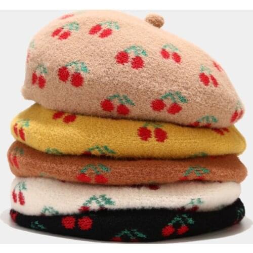 Winter Autumn Female Women Cute Beret Hats Cherry Design Hat Wool Warm Outdoor Fruit Painter Hat Newsboy Cap Bonnet Caps