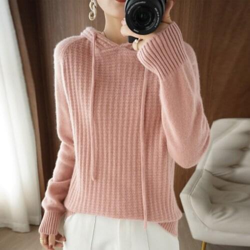 100%Cashmere Sweater Womens Hooded Collar Pullover Casual Knitted Large Size Tops Autumn and Winter New Womens Jackets