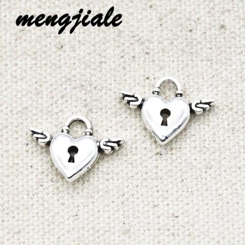 20pcs Wholesale Tibetan Silver Love Lock Wing Charms Alloy Metal Pendants For DIY Handmade Jewelry Accessories Makings 18*13mm