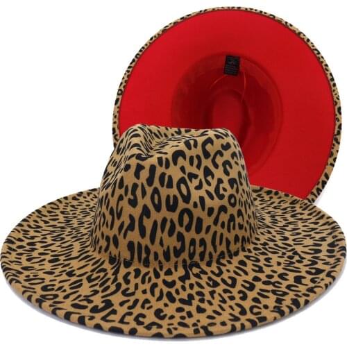 9.5cm Big Brim Fedoras Hats for Women Men Caps Wide Brim Leopard Camel Red Patchwork Panama Jazz Woollen Felt Hat