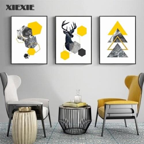 Abstract Geometric Triangles Yellow Marble Poster Nordic Deer Canvas Paintings Wall Art Prints for Living Room Home Decor