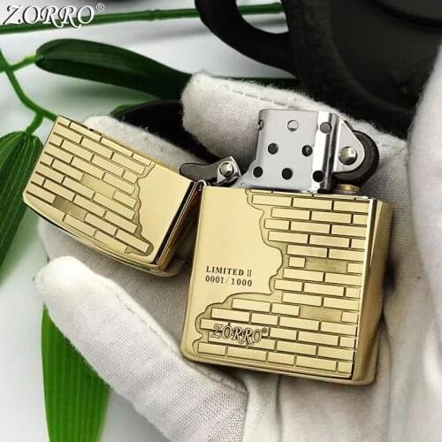 Zorro Kerosene Lighter Pure Copper Brass Carving Classic History Wall Pattern Gasoline Lighter Men Gift Outside Tool