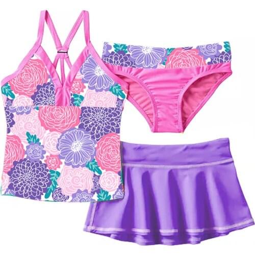 3Pcs Kids Girls Swimming Suit Straps Sleeveless Floral Print Swimming Bikini Set Children Beach Bikini Swimwear Bathing Suits
