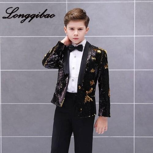 Baby boy set childrens piano costumes studio model catwalk host fashion sequined suit jacket + pants + shirt + bow tie 4 sets