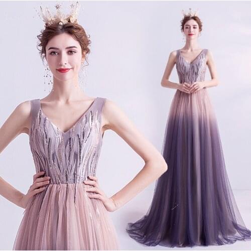 Contrast purple long v neck lady girl women princess bridesmaid banquet party ball performance dance dress gown