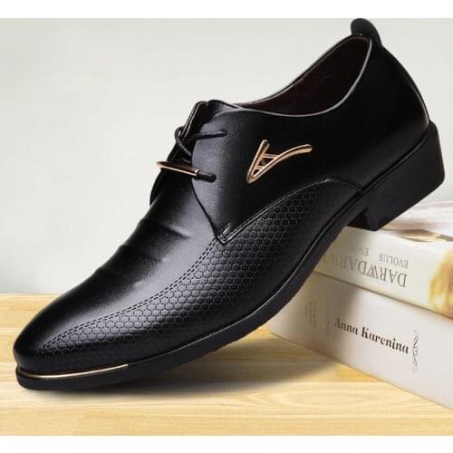 Mazefeng Men Leather Shoes Man Business Dress Classic Style Flats Brown Black Lace Up Pointed Toe Shoe for Men Oxford Shoes 2020