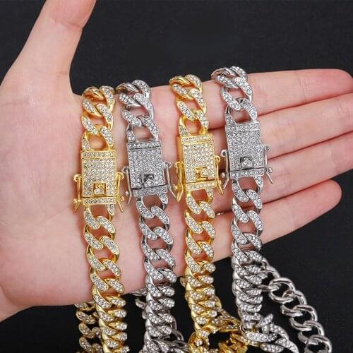 13mm Iced Out Cuban Necklace Chain Hip hop Jewelry Choker Gold Silver Color Rhinestone CZ Clasp for Mens Rapper Necklaces Link A