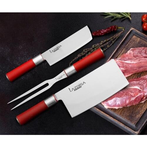 Lazbisa Knife Set Kitchen Knife Set Meat Bone Vegetable Bread Chef Knife RedCraft Series(ChinaLine-Nakiri-Long Fork