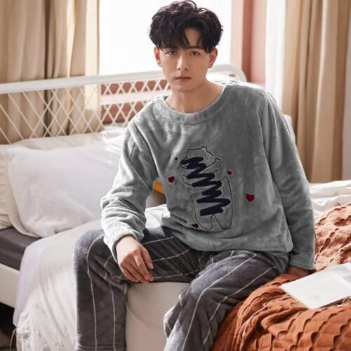 New Style Mens Pajamas Set Autumn Winter Flannel Thick Warm Male Pajamas Sets Long Sleeve Sleepwear Suit Cartoon Pyjama Homme