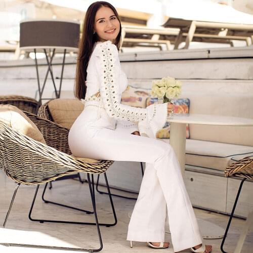 2021 New Autumn Womens Hollow Lace Bubble Long-sleeved High-waist Flared Trousers Bodycon 2-piece Set Elegant Women Fashion Set