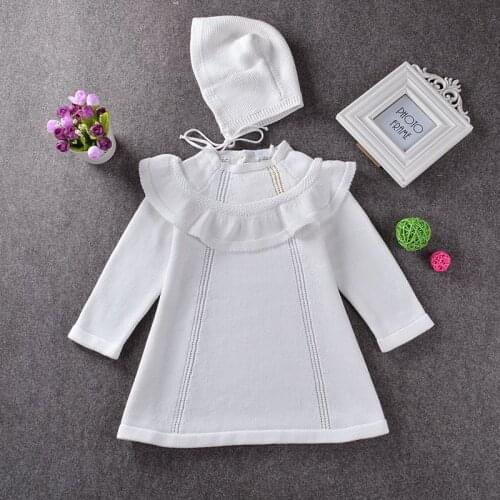 New Brand Autumn Baby Girls Sweater Dress+Cap 2pcs Girls 0-5yrs Infant Knitted Girl Kids Dress Cotton Long Sleeve Clothes