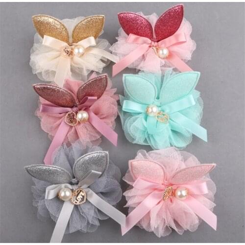 New Arrival 10PCS/Lot Cartoon Glitter Bow Rabbit Ears Decorated Chiffon Ribbon Bows Flatback 3D Button Patch Sticker with Heart