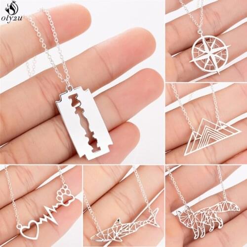 Hiphop Punk Stainless Steel Razor Blades Pendant Necklace Men Jewelry Simple Compass Fox Dog Paw Necklaces Chain Collier Femme