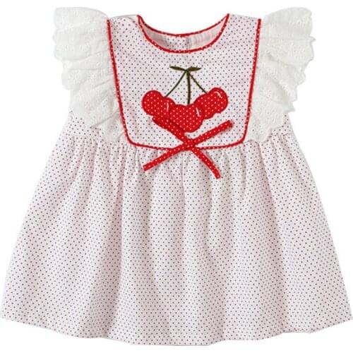 Little Girls Short Sleeve Princess Style Cherry Print 100% Cotton A-line Dresses Casual Breathable and Cool Summer Dresses