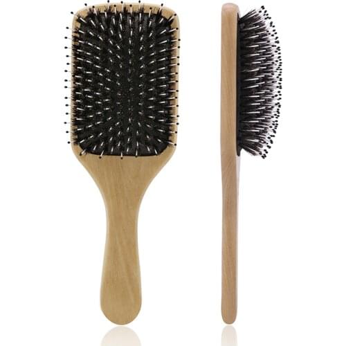 Professional 100% Boar Bristle Paddle Brush Cushion Wood Hair Massage Brushes For Detangle Hair Styling Tools Anti Static