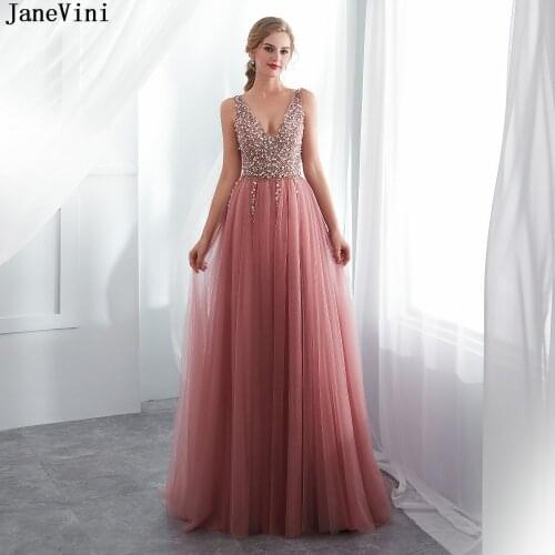 JaneVini Luxury Long Bridesmaid Dresses Sexy Deep V Neck Backless Sweep Train High Split Beading A Line Tulle Formal Prom Gowns