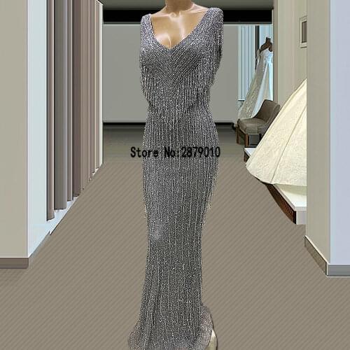 Luxury Full Beading Gray Evening Dresses Sexy V Neck Glitter Mermaid Evening Gowns Formal Women Dress Long Robes