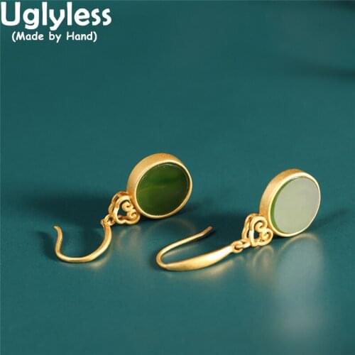 Uglyless Natural Jasper Green Jade Medals Earrings for Women Minimalist Geometric Fashion Jewelry Gold 925 Silver Brincos Bijoux