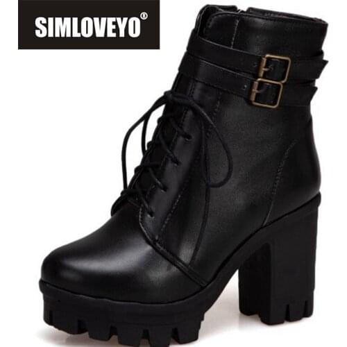 SIMLOVEYO New Arrival Winter Ankle Boots Pu Women Boots Shoes Zipper Thick Heel Boots Soft Zapatos Mujer Shoes Women B735