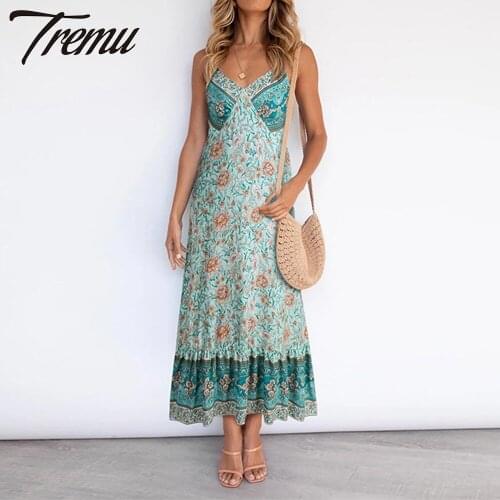 TREMU Slip Dress Backless Spaghetti Strap Sleeveless Camisole Print Bohemian Vocation Maxi Dresses for Women