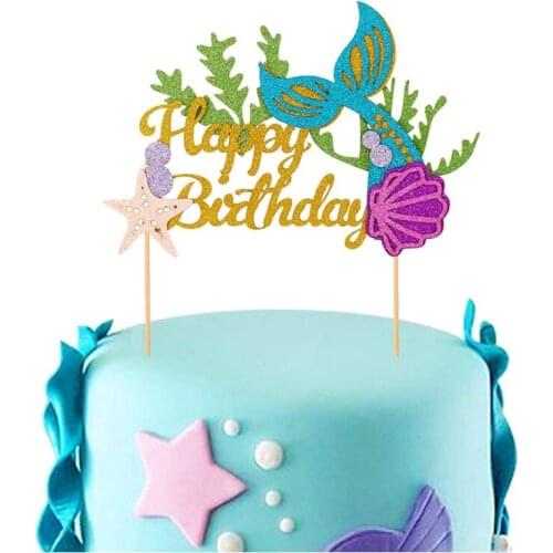 DIY Glitter Happy Birthday Cake Topper Mermaid Tail Shell Starfish Theme Girl Birthday Party Cake Decoration Baby Shower Supply