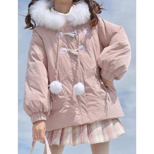 Bella 2021 Japanese Girl Cute Horn Button Cartoon Parkas Women Thick Students Coat Sweet Hooded Parka Pink Fur Collar Outerwears