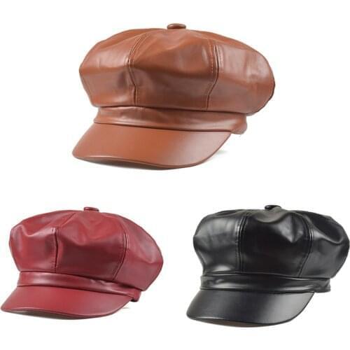 KLV Women Fashion Solid Color PU Leather Octagonal Cap Fashion Autumn Winter Caps Male Female Casual Vintage Hats Accessories