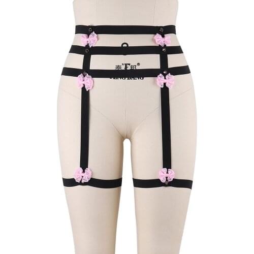 Women Pink Bow Garter Belt High Waist Punk Stockings Bondage Leg Harness Black Sexy Lingerie Body Harness Thigh Garter Belt