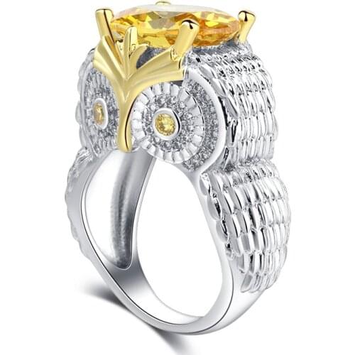 Luxury Owl Shape Yellow Zircon Ring Wedding Ring for Women Two-tone Micro-inlaid Zircon Ring Jewelry Engagement Ring