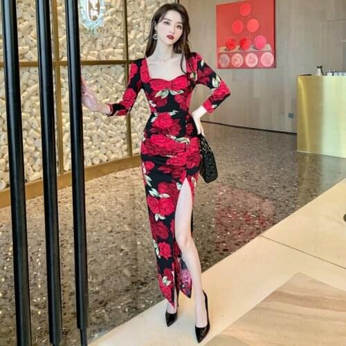 New arrival fashion spring beach long dress women OL professional temperament sexy boho vintage print floral slim split dress